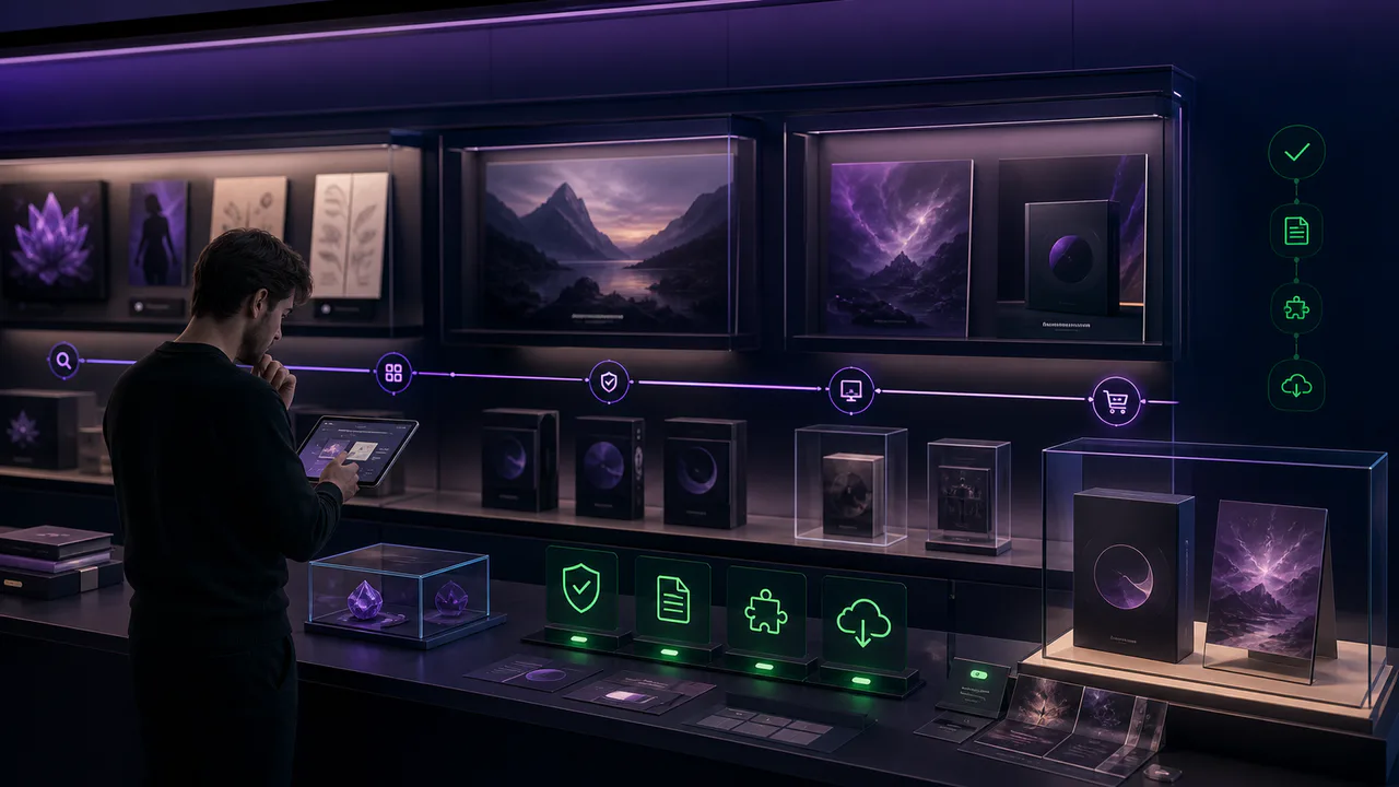 Creator auditing product previews and trust details on a digital storefront