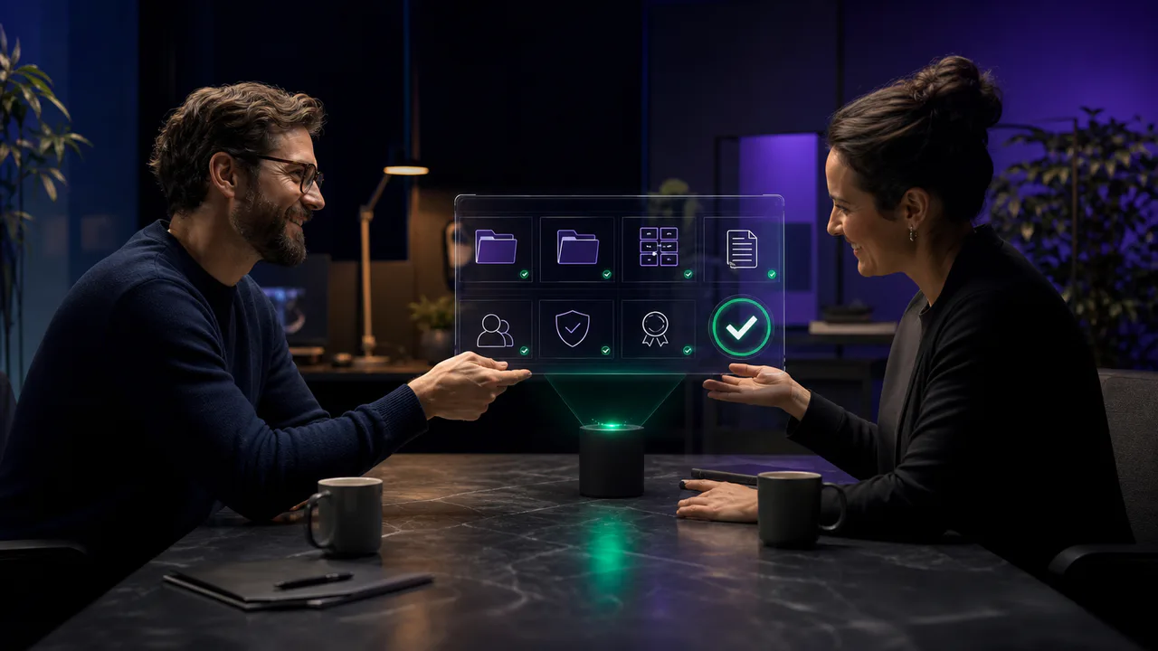 Freelancer and client reviewing an organized digital project handoff