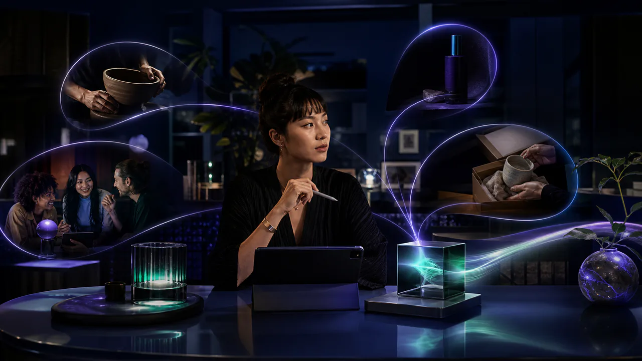 A creator connecting physical craft, digital products, community, and accountable commerce agents inside a luminous marketplace