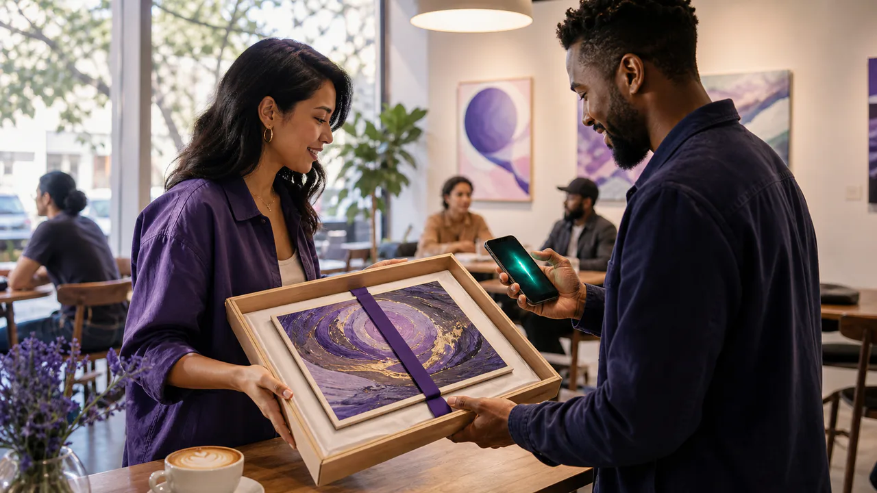 Independent creator handing a packaged artwork to a buyer in a bright public meeting place