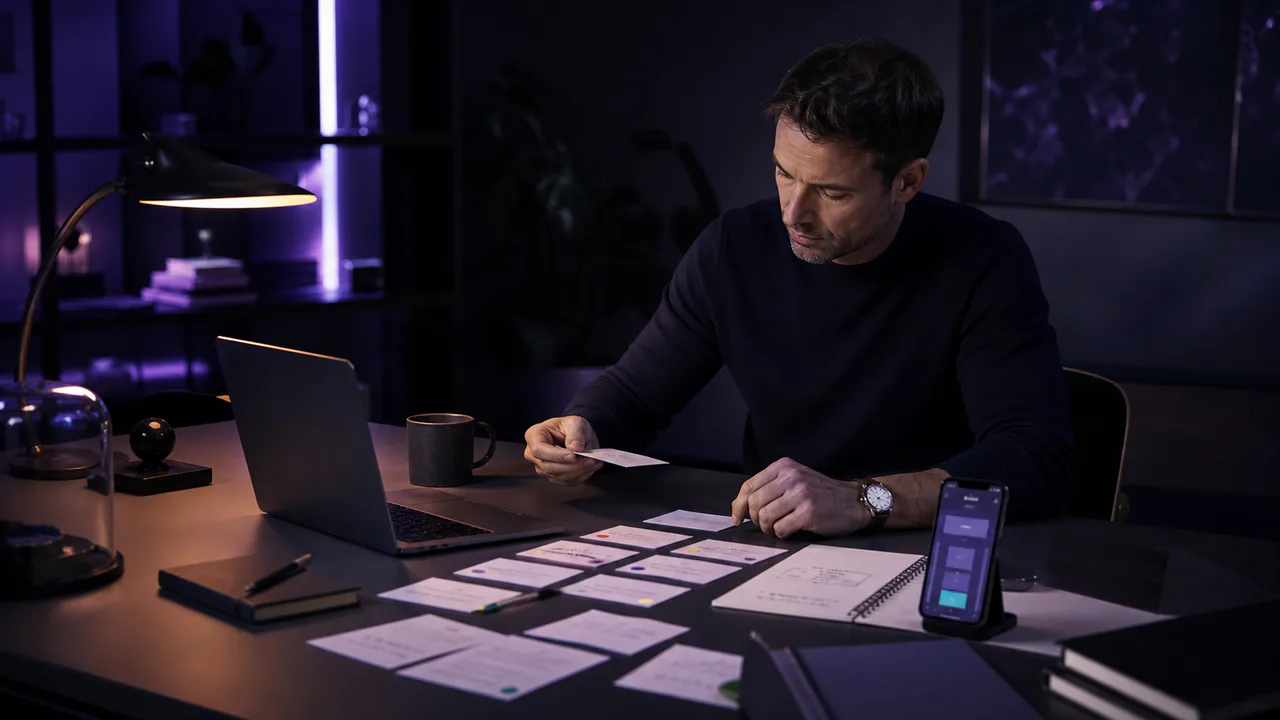 Creator comparing customer notes with a small digital product prototype