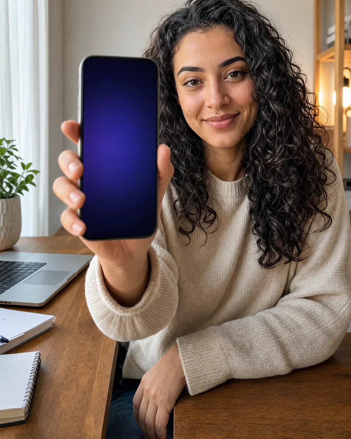 A maker showing a finished digital product on their phone