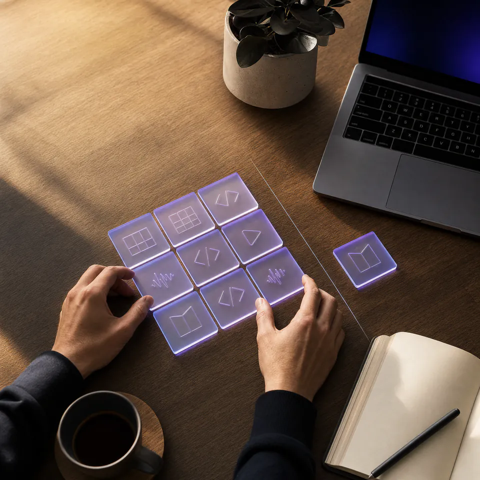 A creator's digital products laid out as glowing tiles, with a single tile separated to represent the flat 10% Qyrony fee